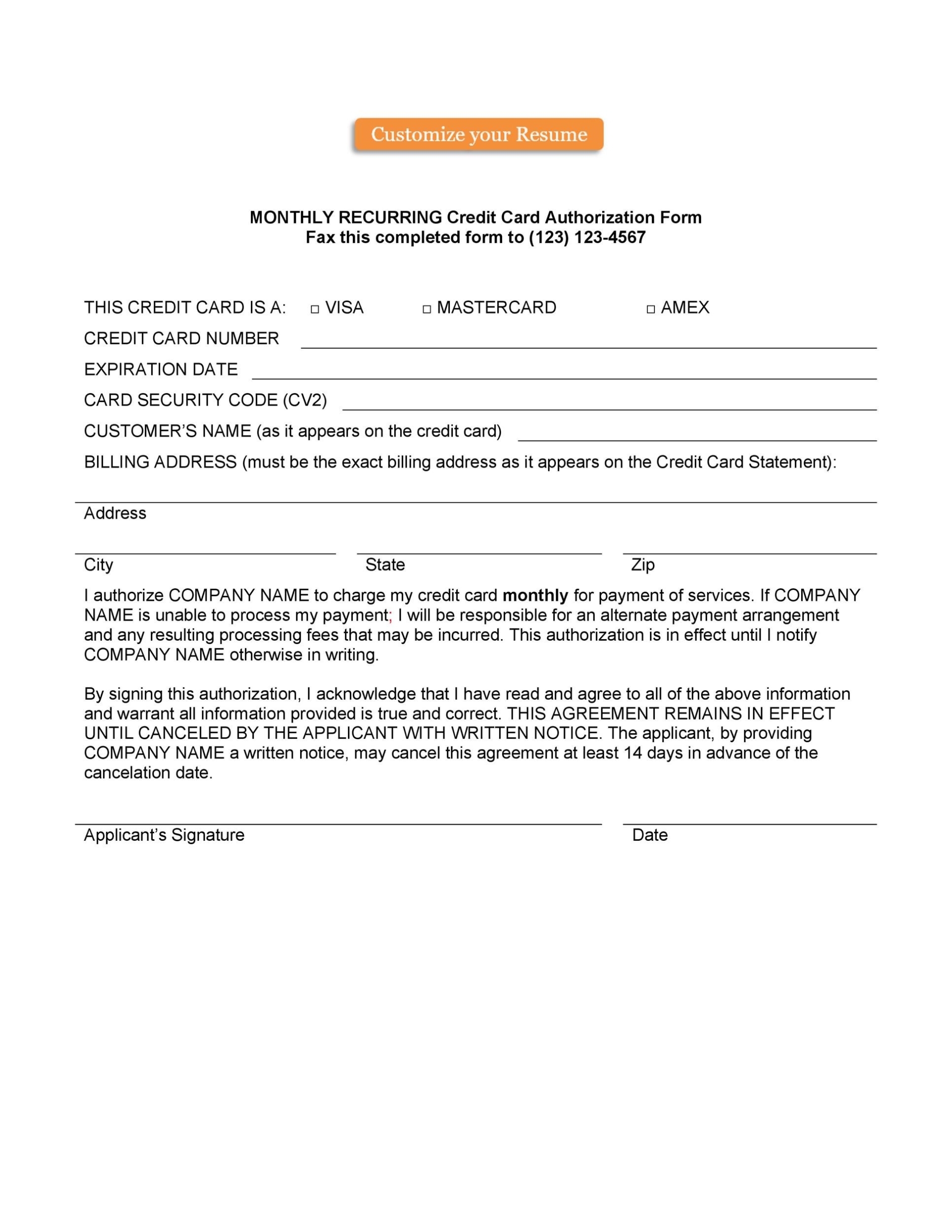 43 Credit Card Authorization Forms Templates {Ready-To-Use} pertaining to Credit Card Billing Authorization Form Template