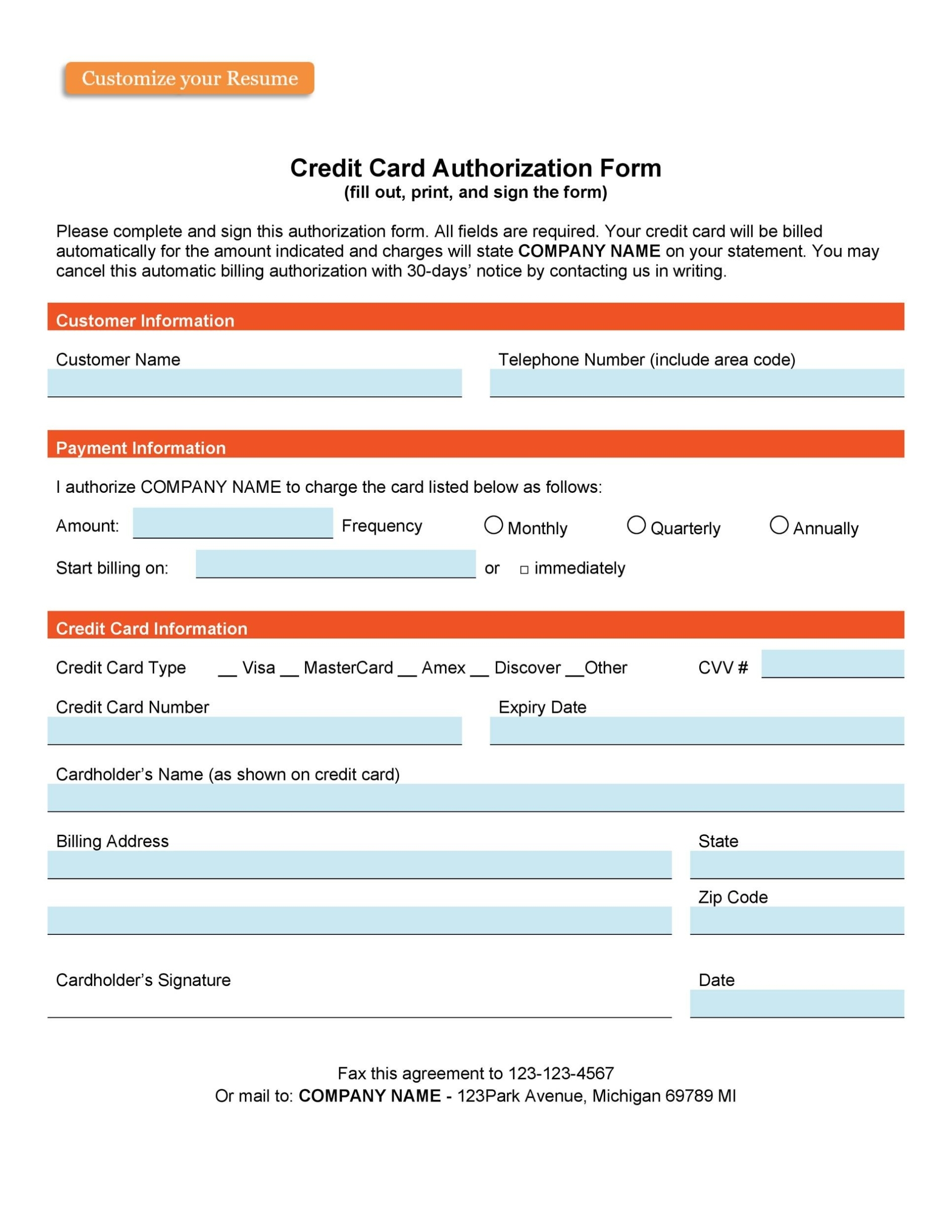 43 Credit Card Authorization Forms Templates {Ready To Use} With Authorization To Charge Credit Card Template