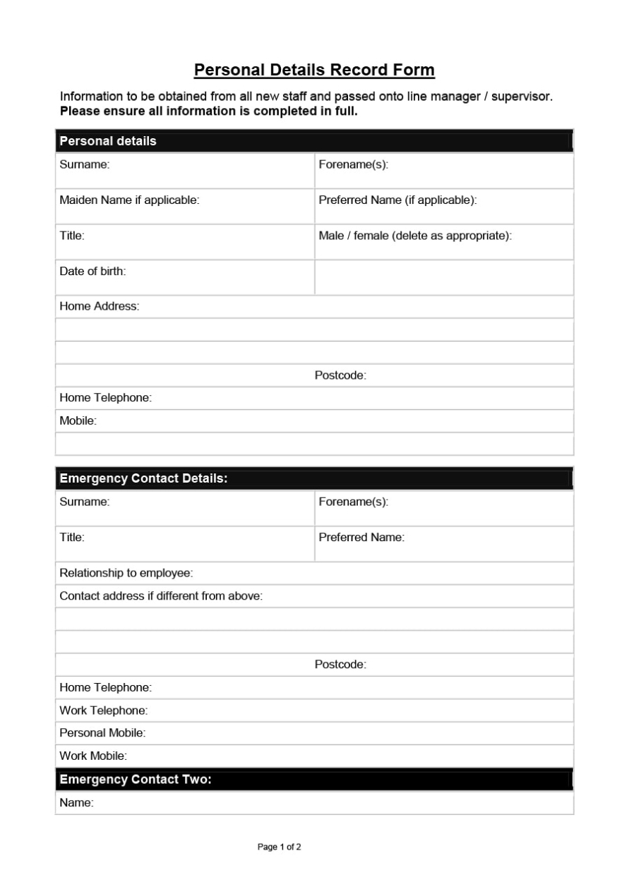 47 Printable Employee Information Forms (Personnel Information Sheets) With Business Information Form Template
