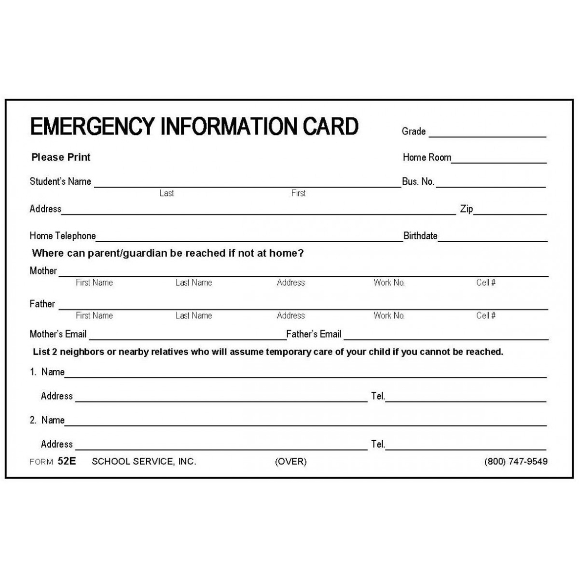 52E – Large Emergency Information Card – 4 X 6 Size Throughout Student Information Card Template