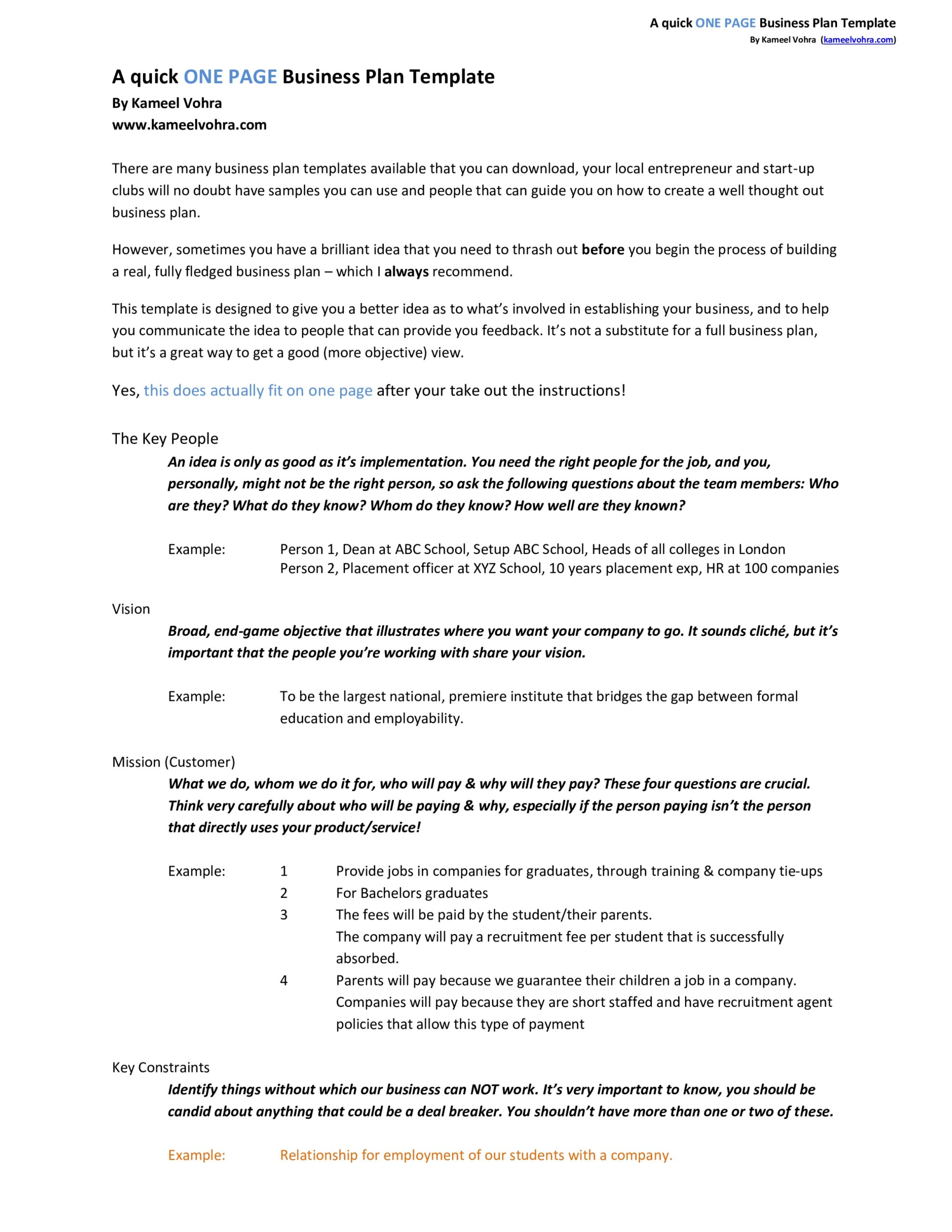 A Quick One Page Business Plan Template - Eloquens Regarding 1 Page Business Plan Templates Free