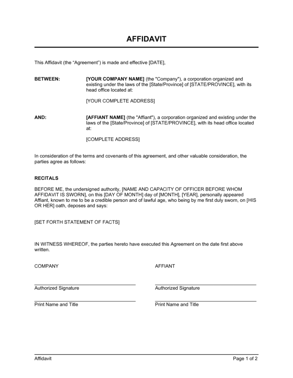 Affidavit Template | By Business In A Box™ With Regard To Business In A Box Templates