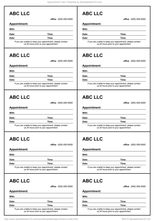 Appointment Card Template For Word In Appointment Sheet Template Word