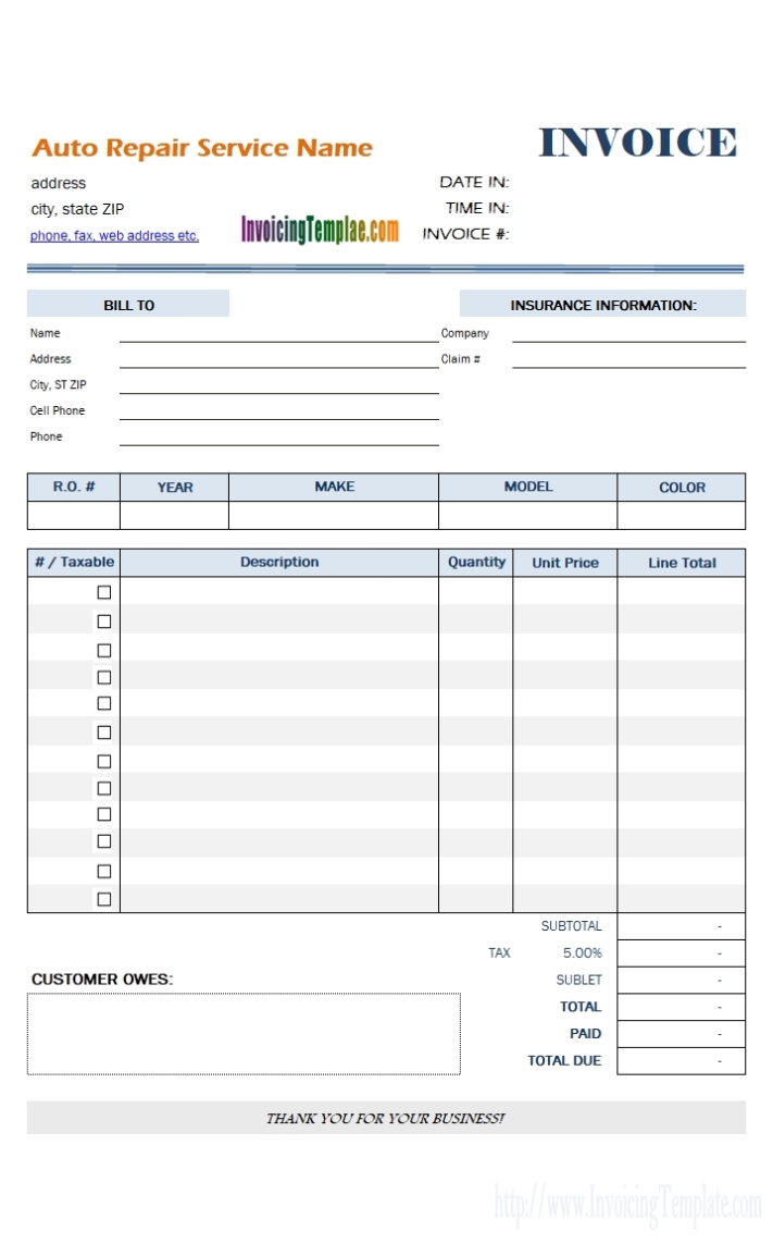 Auto Body Invoice Forms * Invoice Template Ideas Regarding Mechanic Shop Invoice Templates