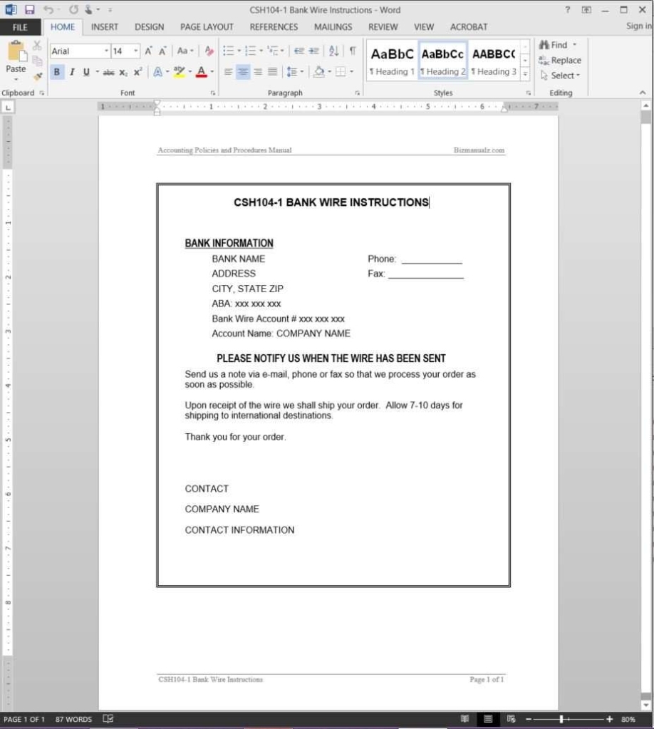 Bank Wire Instructions Guide Template Inside Instruction Sheet Template Word