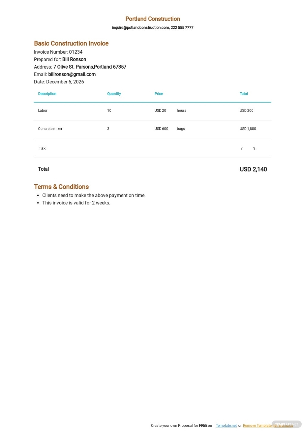 Basic Construction Invoice Template [Free Pdf] – Google Docs, Google Sheets, Excel, Word In Invoice Template For Builders