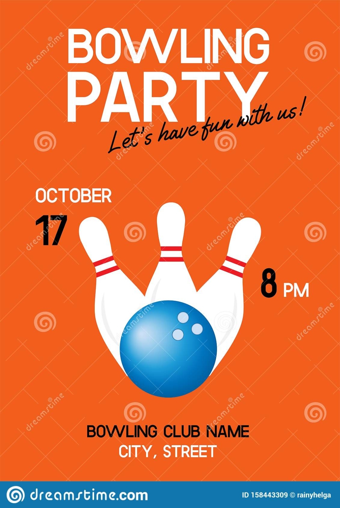 Bright Retro Bowling Party Poster With White Pins And Blue Gradient Ball. Flyer Template For for Bowling Party Flyer Template
