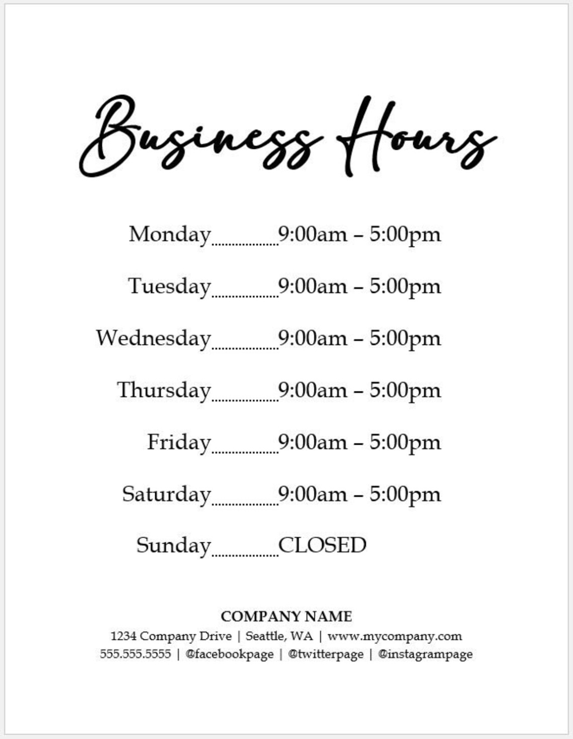 Business Hours Sign Printable Template Hours Of Operation – Etsy Inside Printable Business Hours Sign Template
