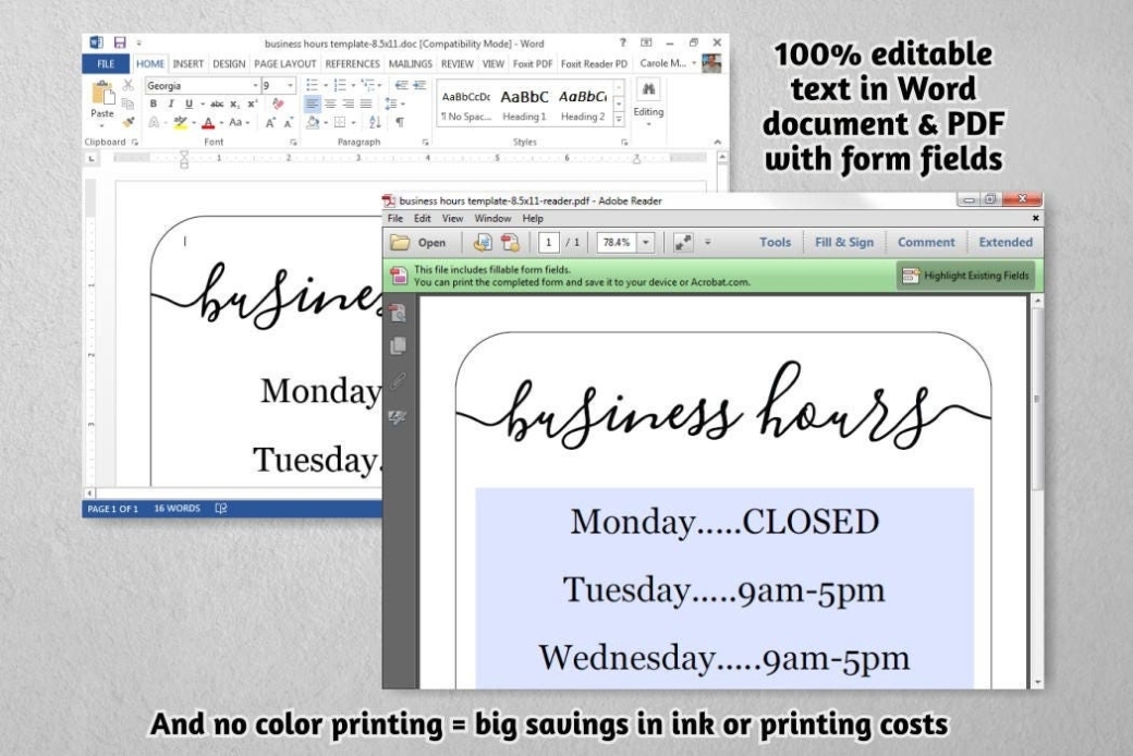 Business Hours Sign, Printable Template, Hours Of Operation – Holiday, Office, Store, Open Hours With Hours Of Operation Template Microsoft Word