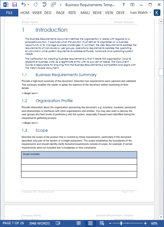 Business Requirements Specification Template (Ms Word/Excel/Visio) – Templates, Forms For Business Requirement Document Template Simple