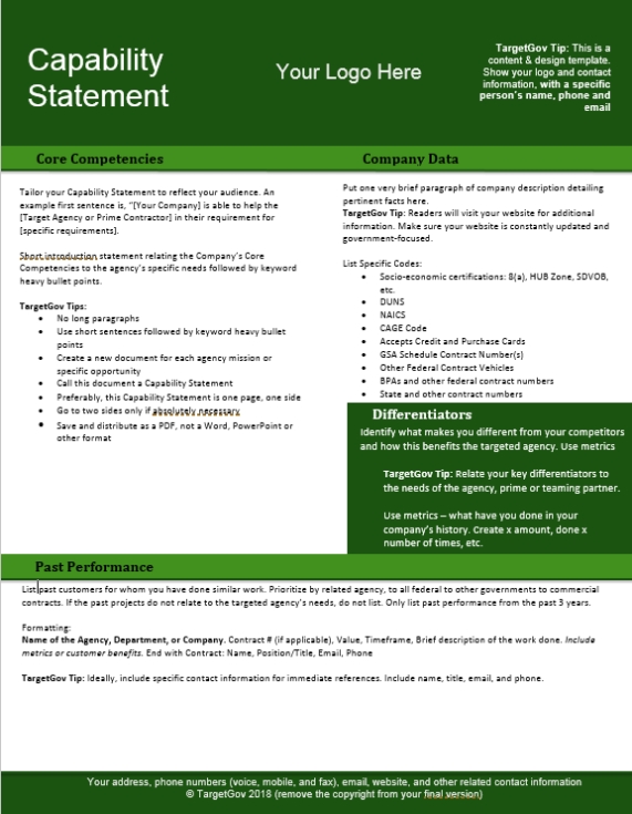 Capability Statement Editable Template – Green Targetgov Regarding Capability Statement Template Word