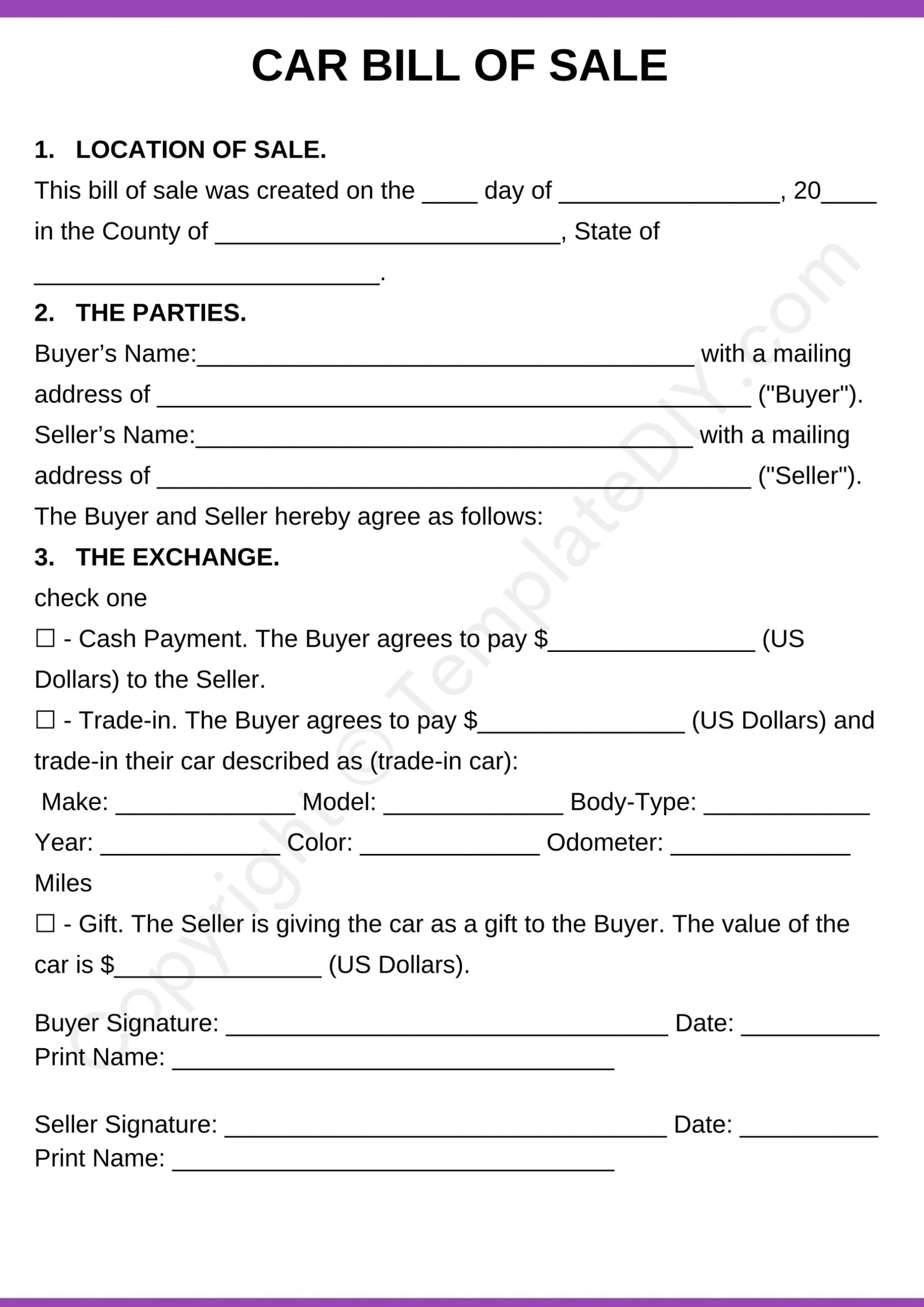 Car Bill Of Sale Blank Printable Form Template In Pdf & Word For Car Bill Of Sale Word Template