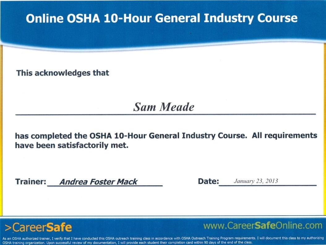 Certificates, Awards, And Recommendation Letters - Sam Meade'S Senior Portfolio regarding Osha 10 Card Template