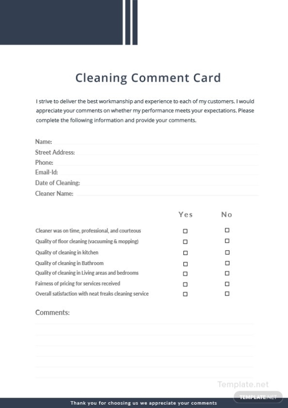 Cleaning Comment Card Template In Microsoft Word, Pdf, Apple Pages | Template intended for Comment Cards Template