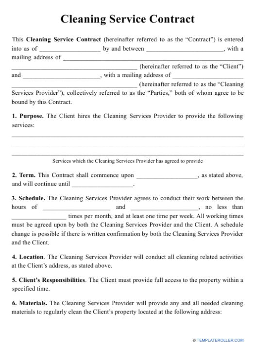 Cleaning Service Contract Template Download Printable Pdf | Templateroller Intended For Cleaning Business Contract Template