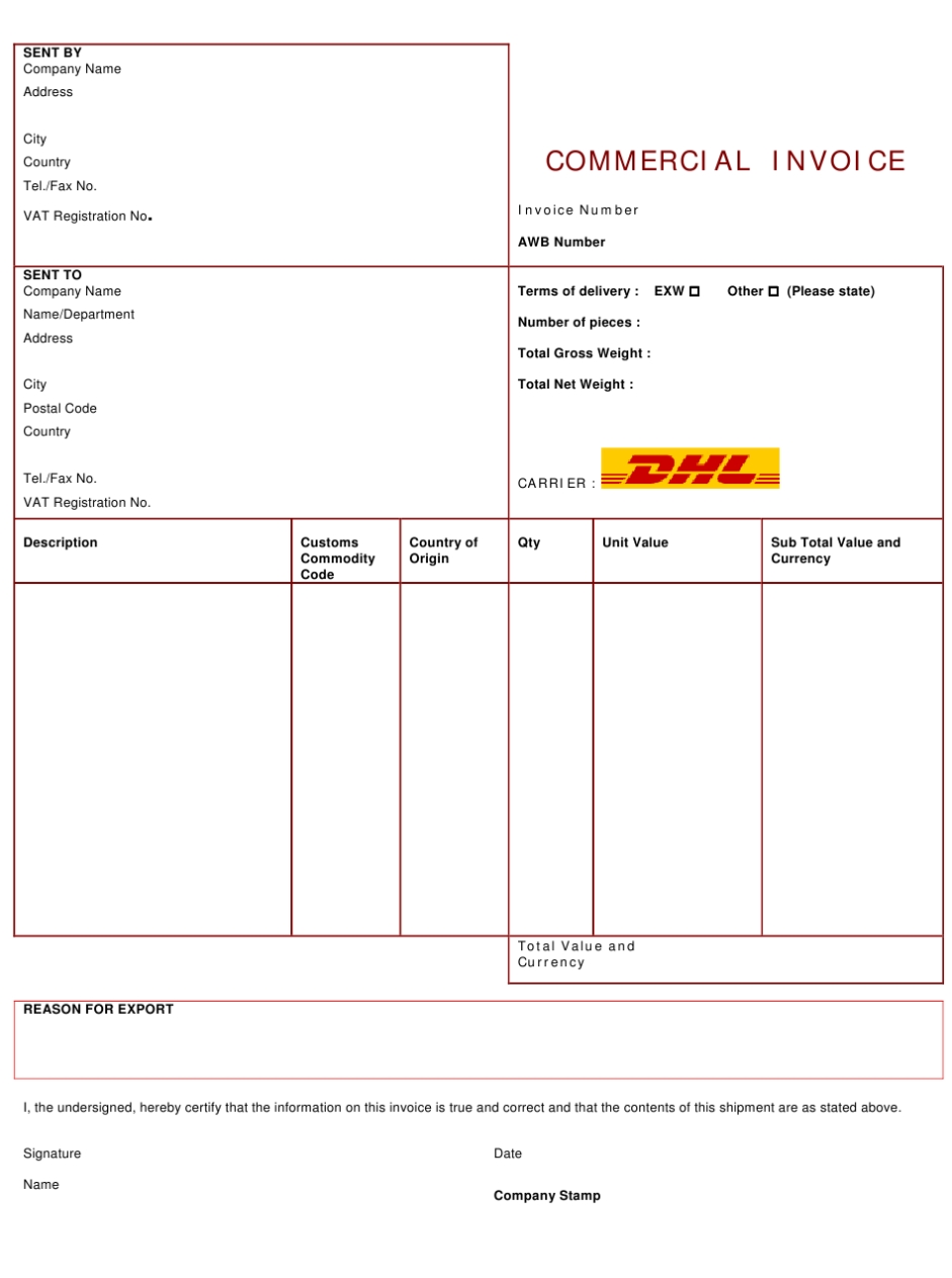 Commercial Invoice Template – Dhl Download Printable Pdf | Templateroller For Customs Commercial Invoice Template