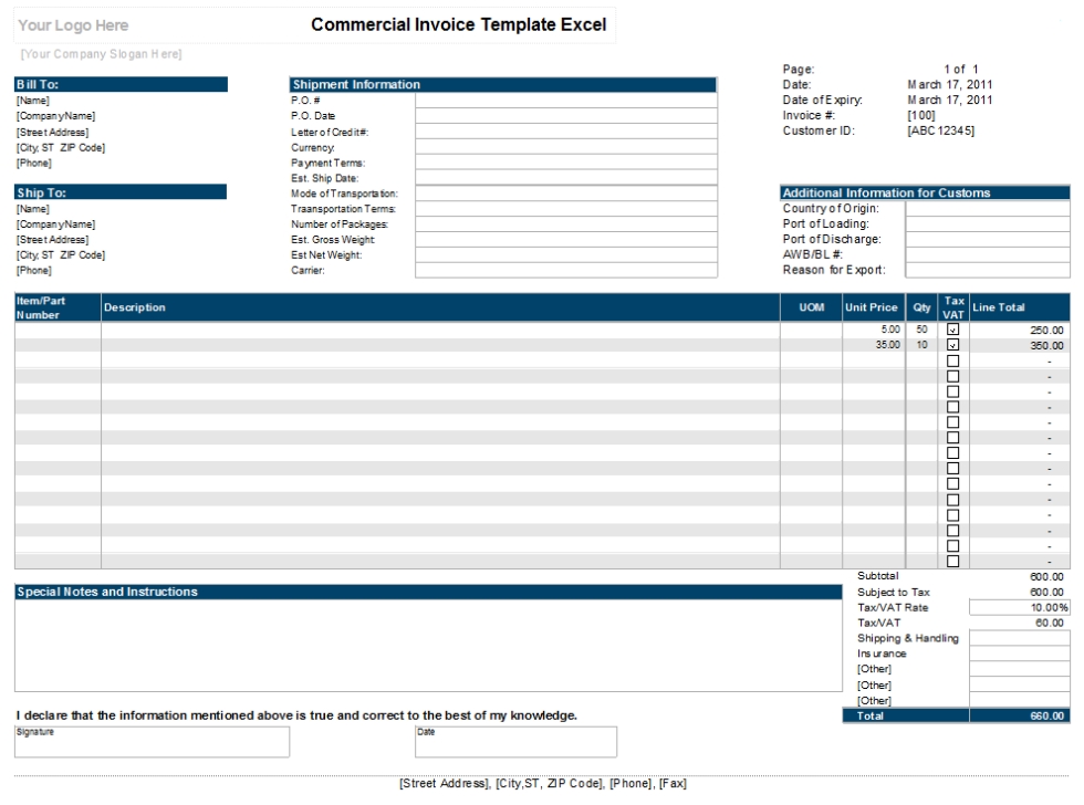 Commercial Invoice Template Excel Xls – Microsoft Excel Templates Inside Invoice Template Xls Free Download