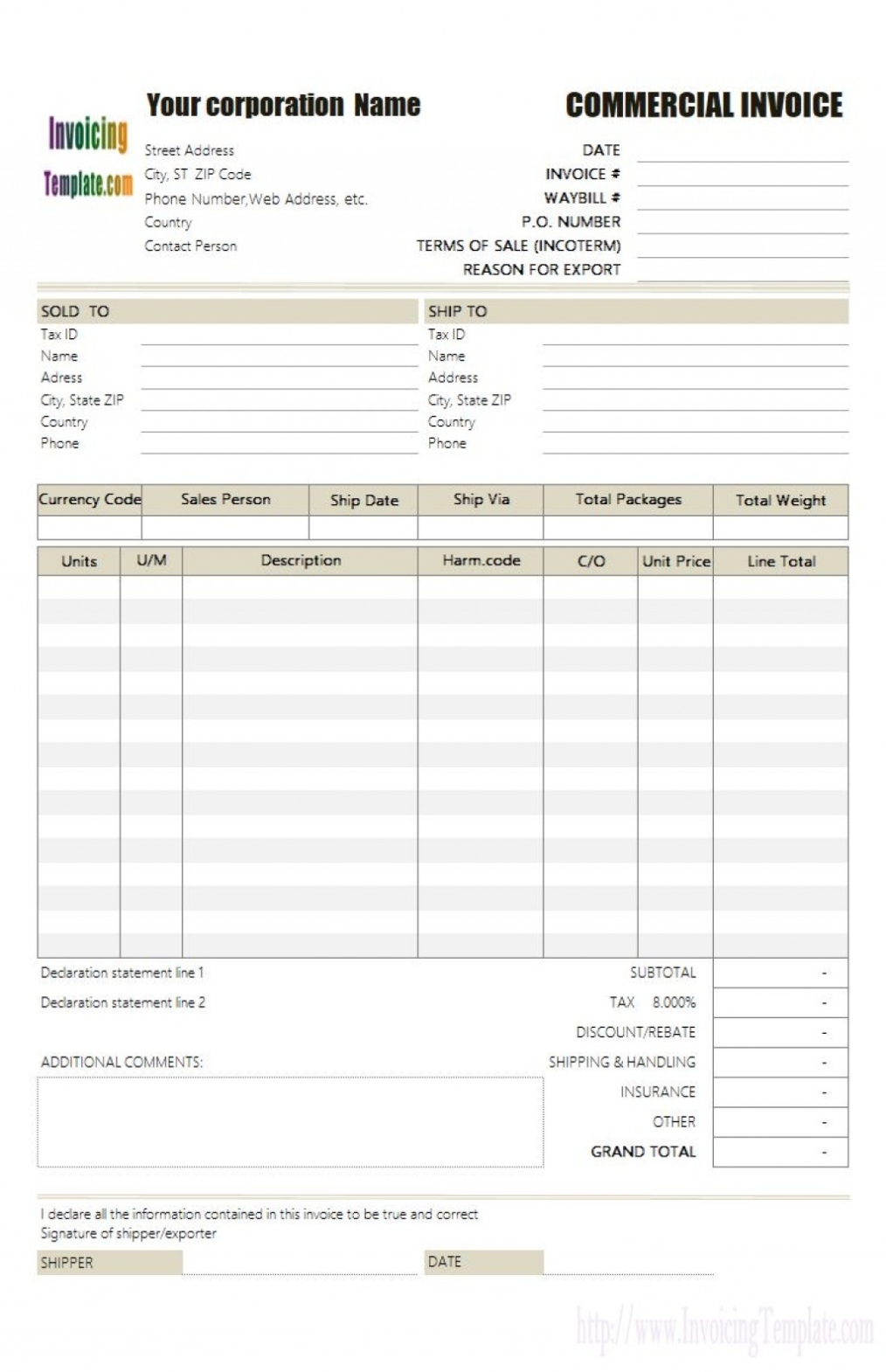 Commercial Invoice Template Word ~ Addictionary Pertaining To Commercial Invoice Template Word Doc