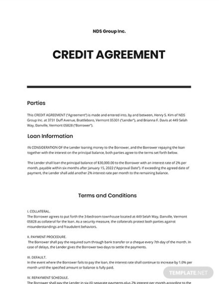 Credit Agreement Template - Word (Doc) | Google Docs | Apple (Mac) Pages | Template For Company Credit Card Policy Template