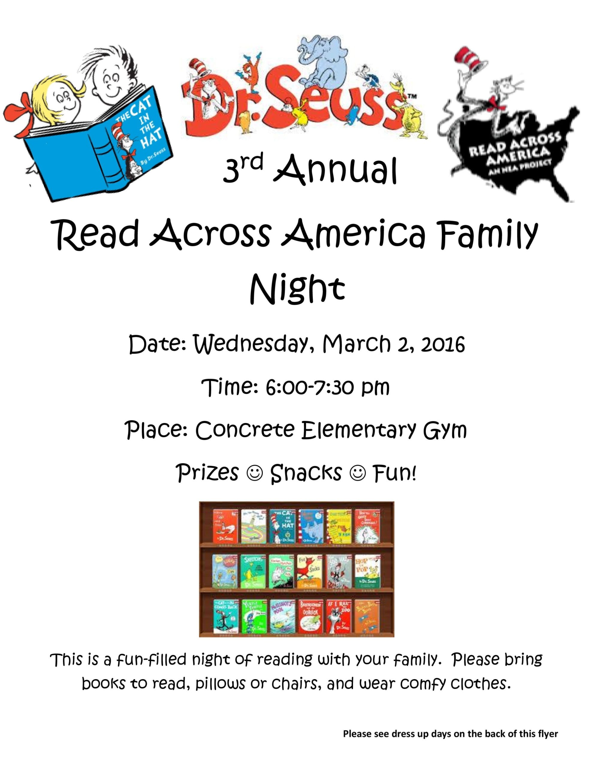Dr. Seuss 3Rd Annual Read Across America Family Night | Concrete School District Pertaining To Dr Seuss Flyer Template