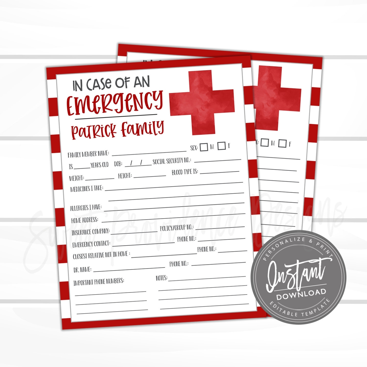 Editable Emergency Information Sheet, Family Home In Case Of Emergency, Medical Info, Printable For Fact Card Template