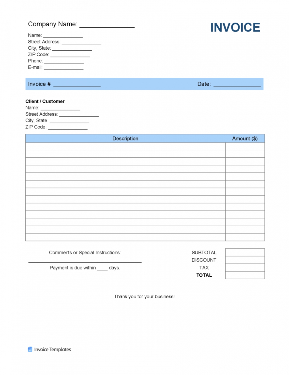 Editable Free Blank Invoice Templates In Pdf Word &amp; Excel Fillable Cash Receipt Template in I Need An Invoice Template