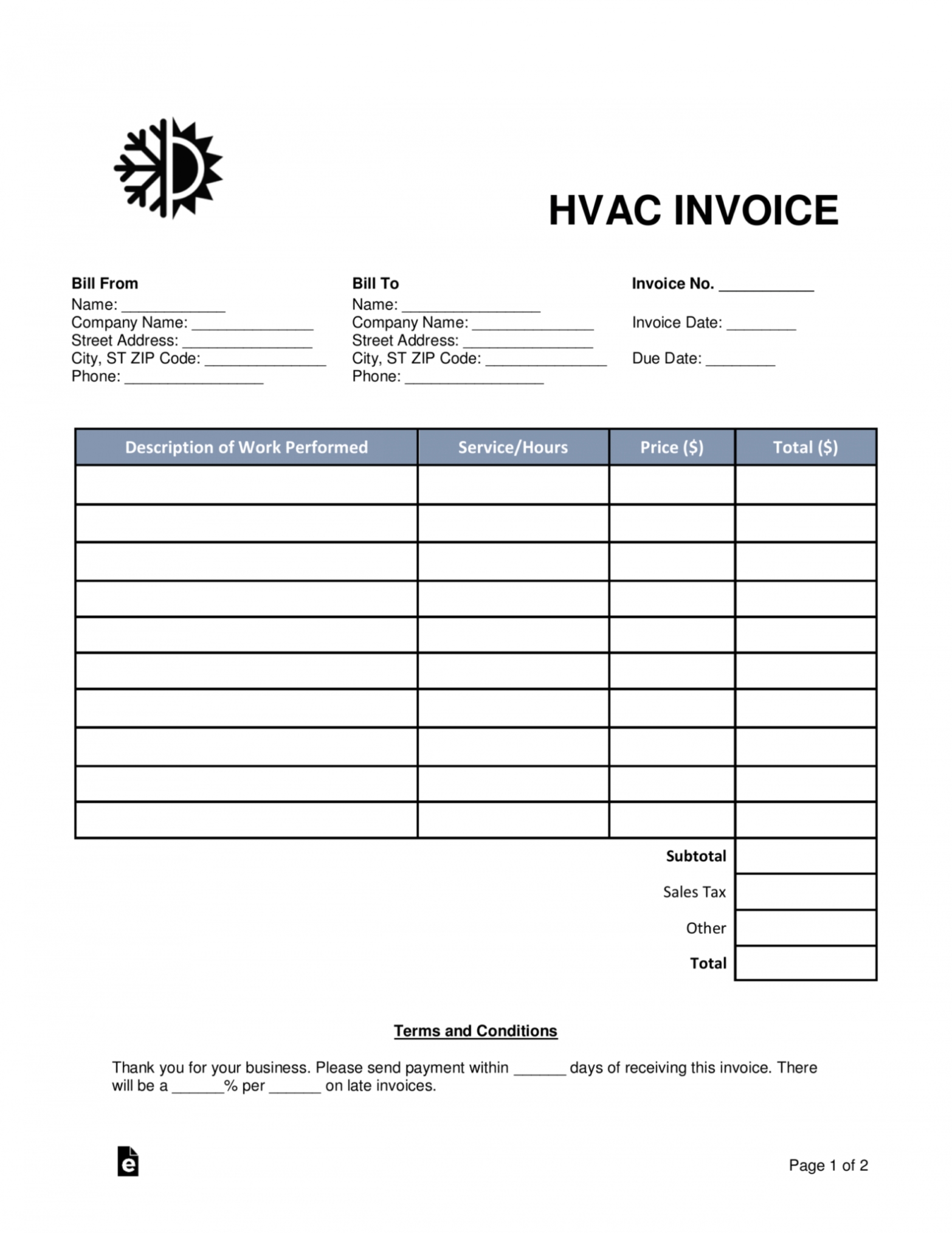 Editable Free Hvac Invoice Template Word Pdf Eforms Free Air Inside Air Conditioning Invoice Template