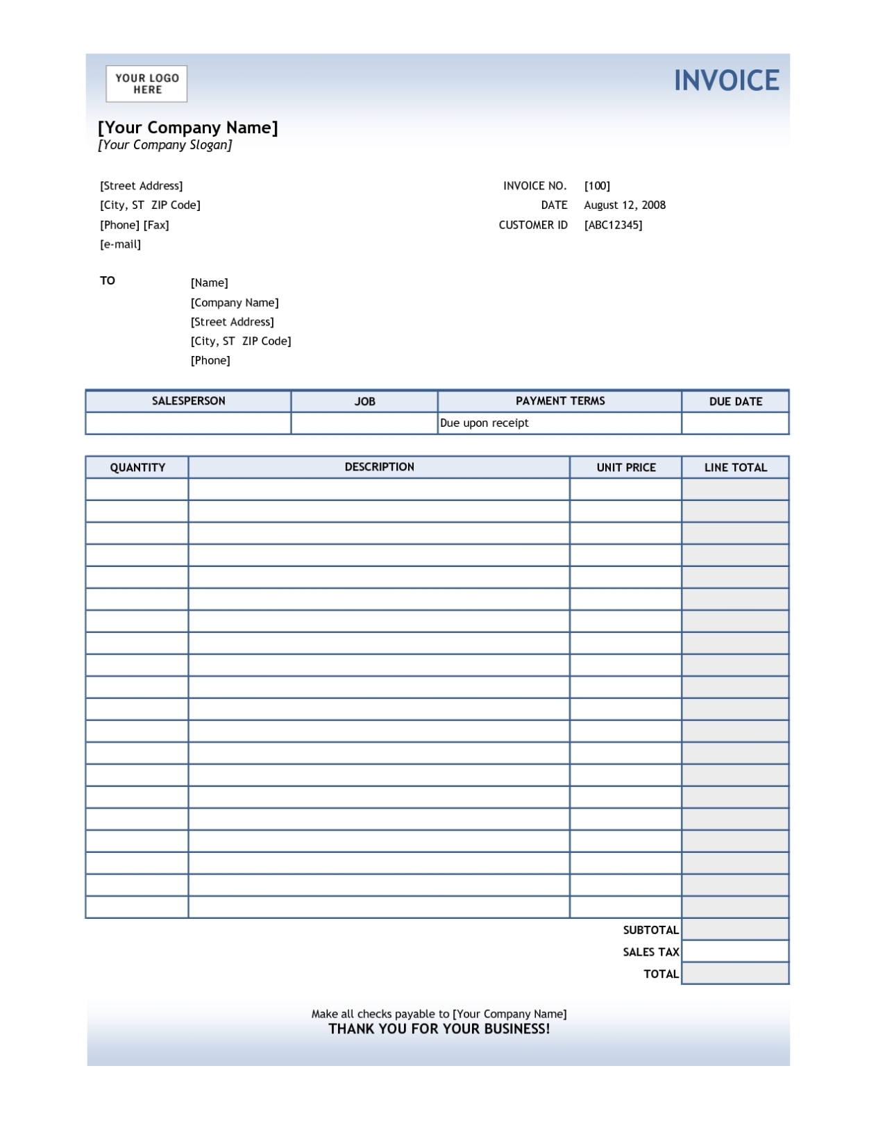 Excel Invoice Format * Invoice Template Ideas Within Free Bill Invoice Template Printable