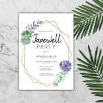 Farewell Party Template Card, Purple Succulents And Gold Geometric Frame Farewell Invitation Within Farewell Invitation Card Template