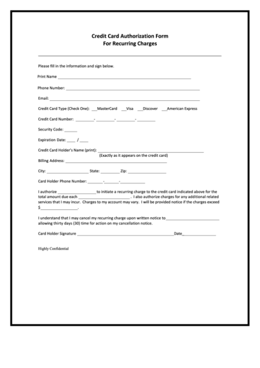 Fillable Credit Card Authorization Form For Recurring Charges Printable Intended For Credit Card Payment Form Template Pdf