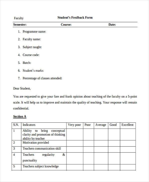 Free 8+ Sample Faculty Feedback Forms In Pdf | Ms Word With Student Feedback Form Template Word