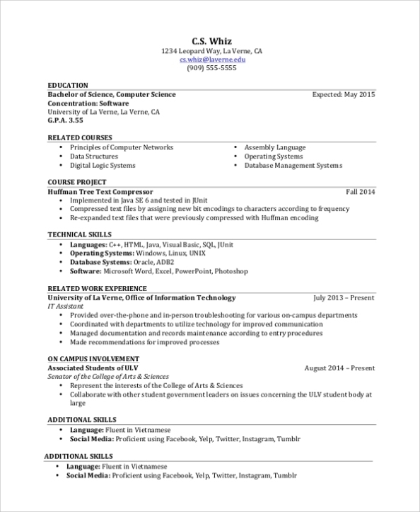 Free 8+ Sample Student Resume Templates In Pdf | Ms Word | Excel Pertaining To College Student Resume Template Microsoft Word