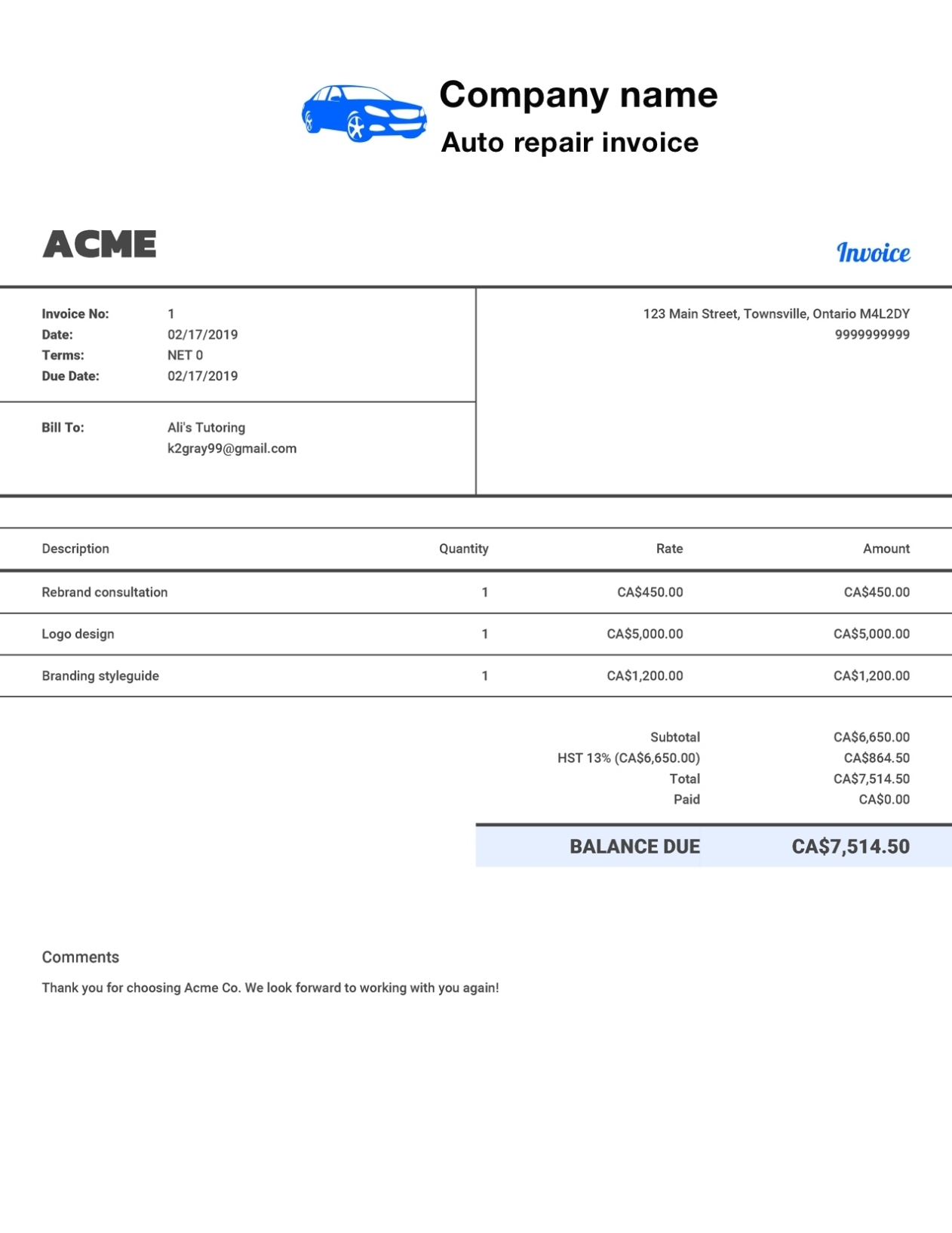 Free Auto Repair Invoice Template. Customize And Send In 90 Seconds Regarding Mechanics Invoice Template