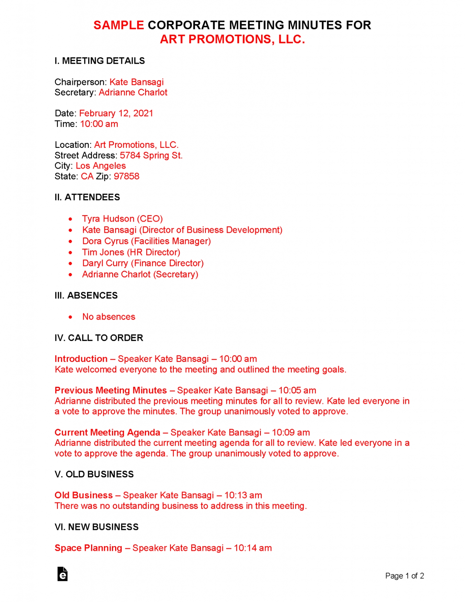 Free Corporate Meeting Minutes Template | Sample – Word | Pdf – Eforms In Corporate Minutes Template Word