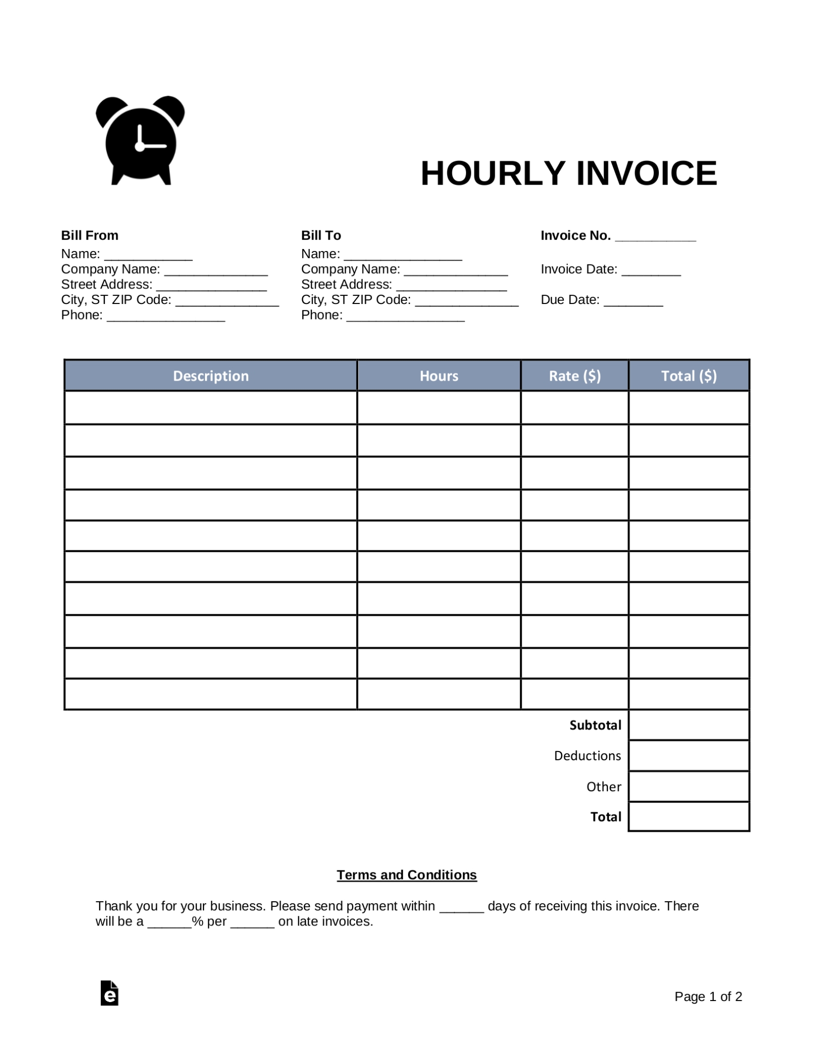 Free Hourly Invoice Template – Word | Pdf – Eforms Intended For Sample Invoice Template Uk