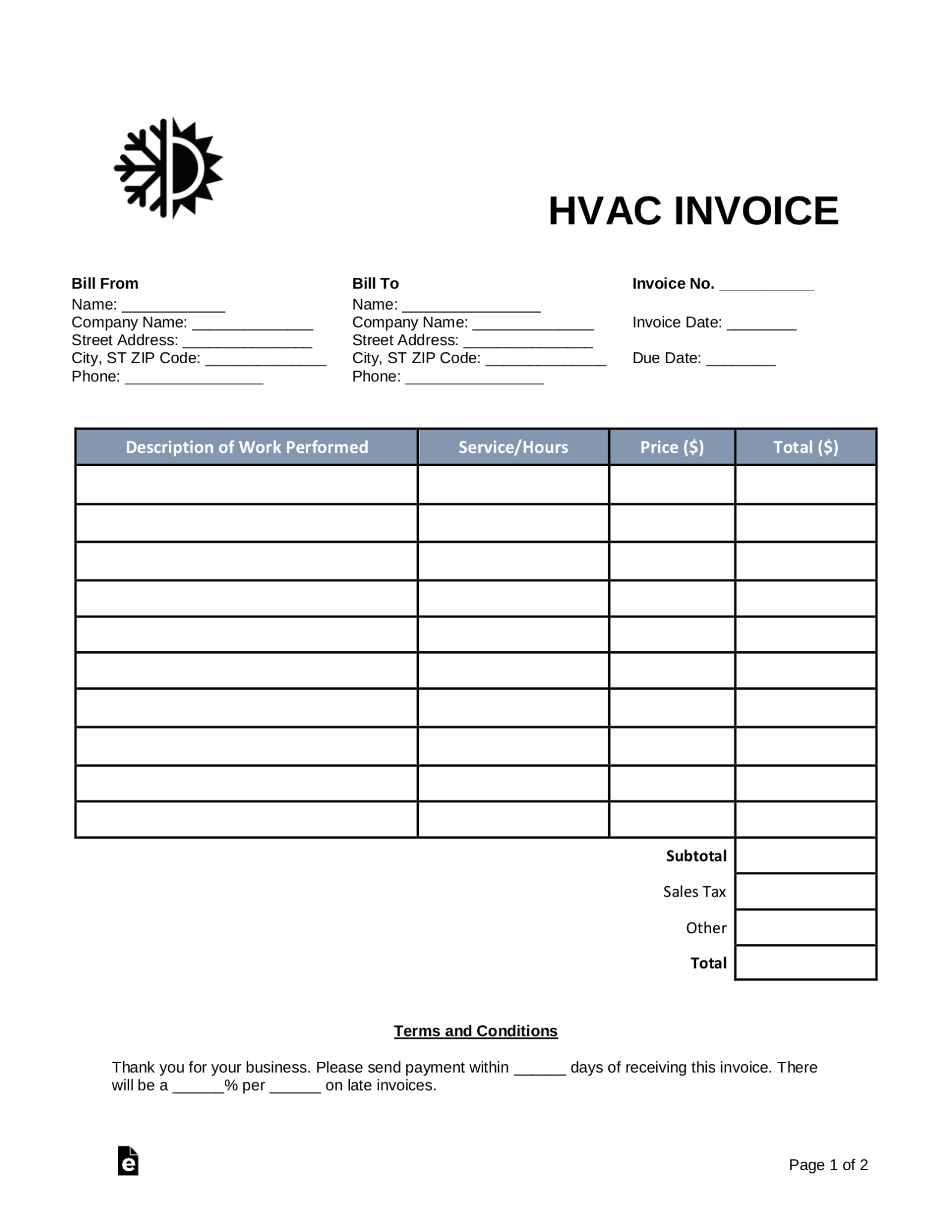 Free Hvac Invoice Template – Word | Pdf – Eforms With Regard To Generic Invoice Template Word