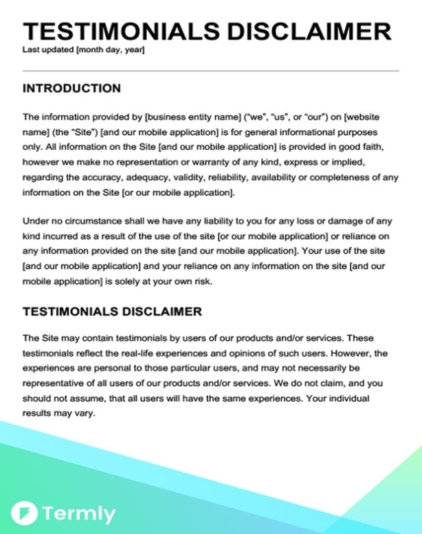 Free Legal Disclaimer Templates &amp; Examples | Download Now | Termly regarding Business Testimonial Template