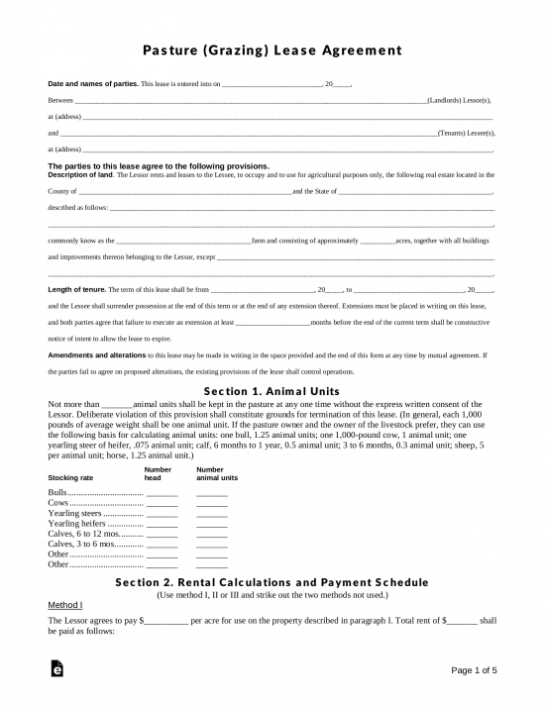 Free Pasture (Grazing) Rental Lease Agreement Template – Pdf | Word – Eforms Inside Farm Business Tenancy Template
