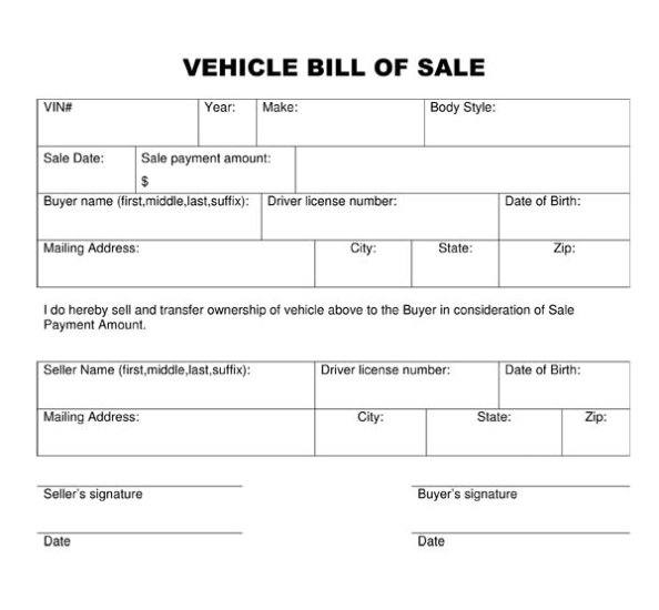 Free Printable Vehicle Bill Of Sale Template Form (Generic) With Vehicle Bill Of Sale Template Word