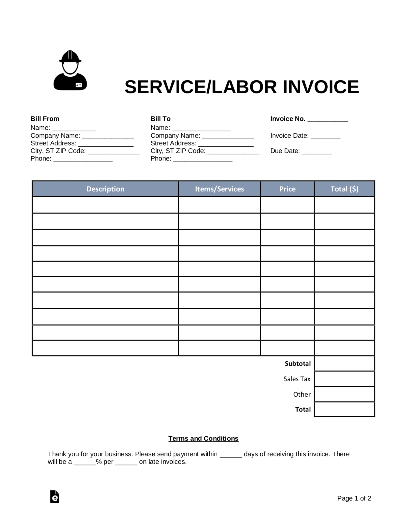 Free Service/Labor Invoice Template – Word | Pdf – Eforms Within Invoice For Work Done Template