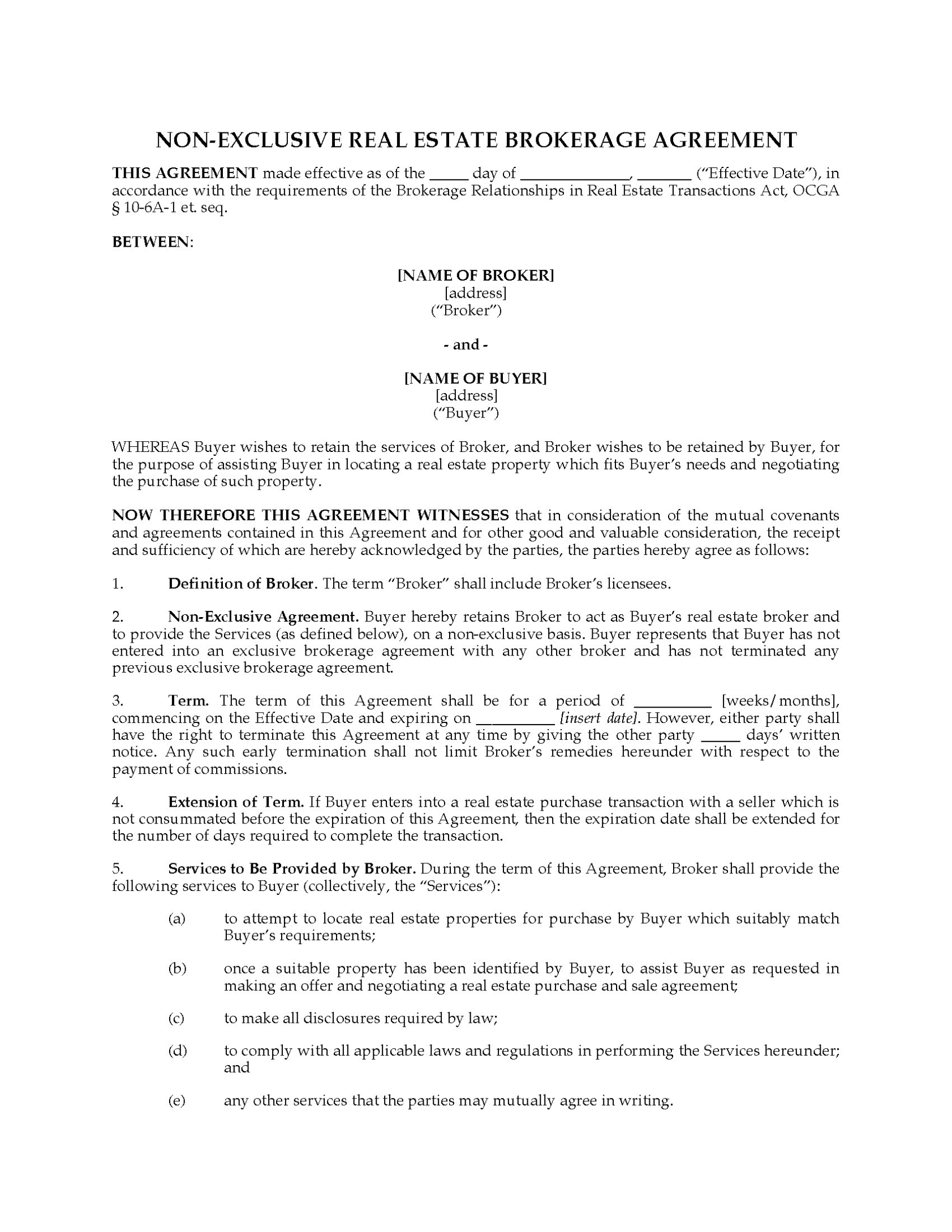 Georgia Non Exclusive Broker Agreement For Real Estate Purchase | Legal Forms And Business With Business Broker Agreement Template