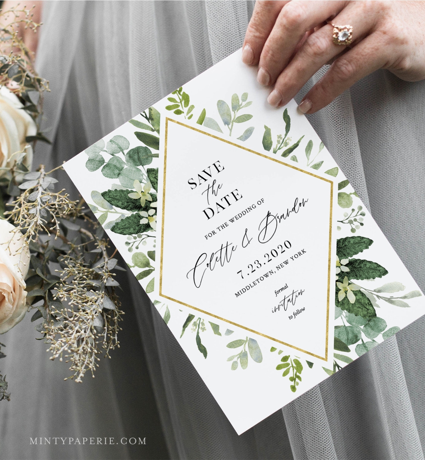 Greenery Save The Date Template, Instant Download, Printable Boho Foliage Wedding Date Card Regarding Save The Date Cards Templates
