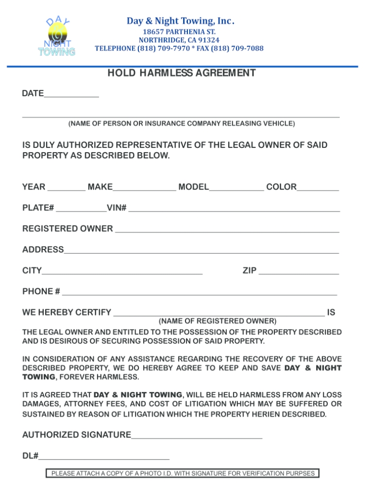 Hold Harmless Agreement For Towing Company – Fill Online, Printable, Fillable, Blank | Pdffiller For Towing Business Plan Template