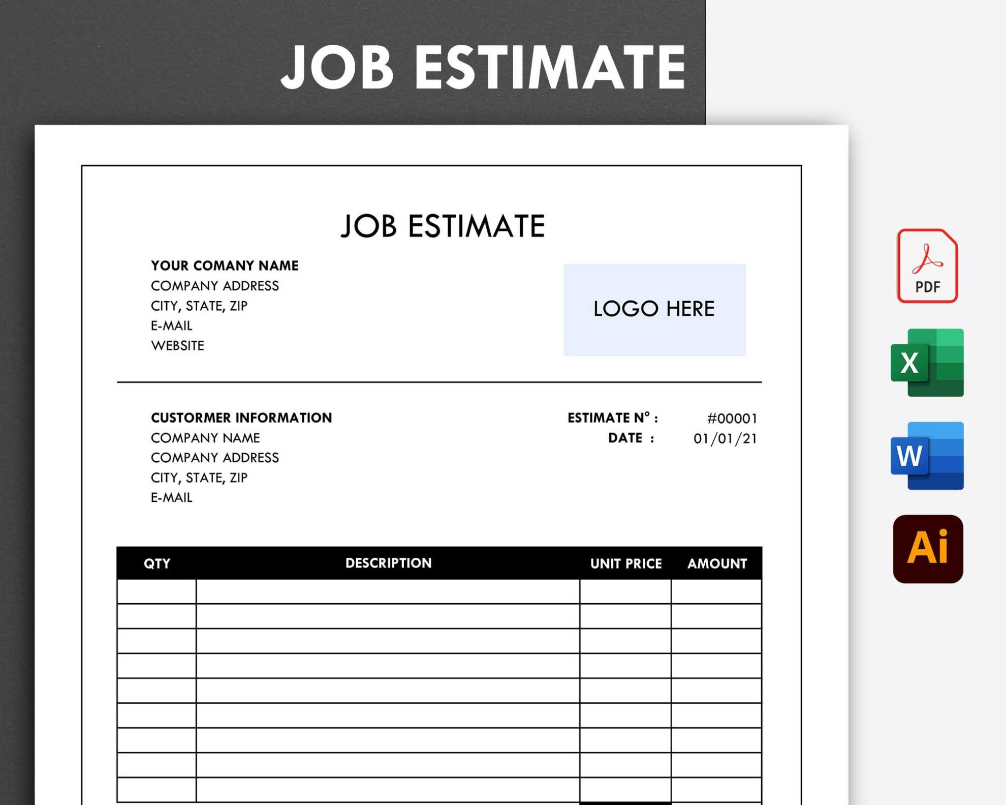 Job Estimate Template Word Editable Job Estimate Printable | Etsy Uk For Work Estimate Template Word