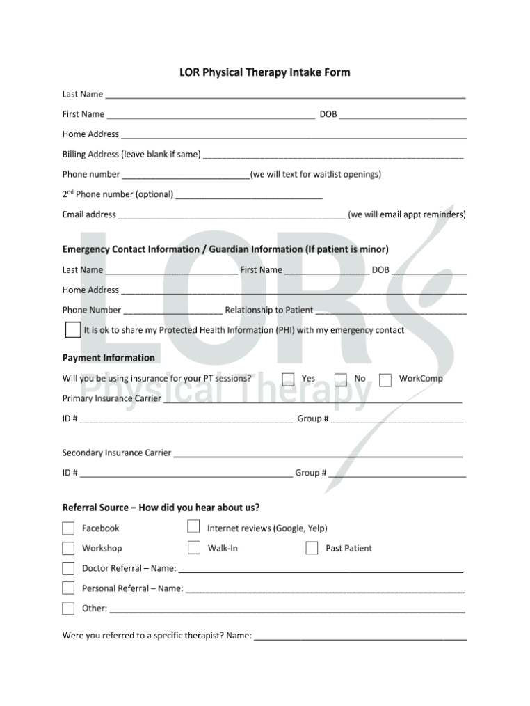 Lor Physical Therapy Intake Form – Fill And Sign Printable Template Online | Us Legal Forms Inside Physical Therapy Invoice Template