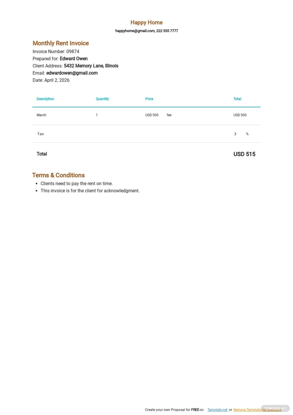 Monthly Rent Invoice Template Inside Monthly Rent Invoice Template