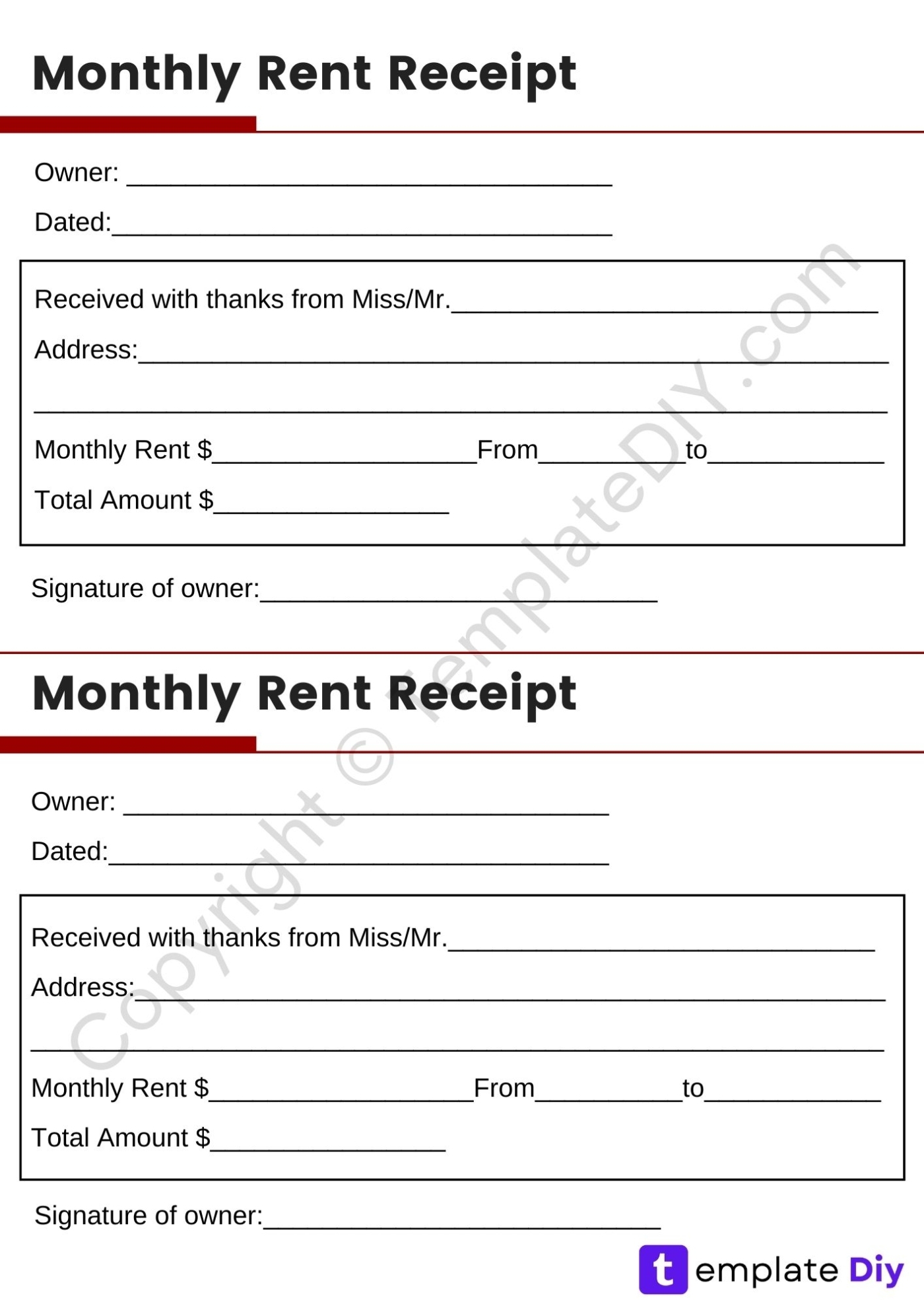 Monthly Rent Receipt Printable Template [Pdf & Word] In Monthly Rent Invoice Template
