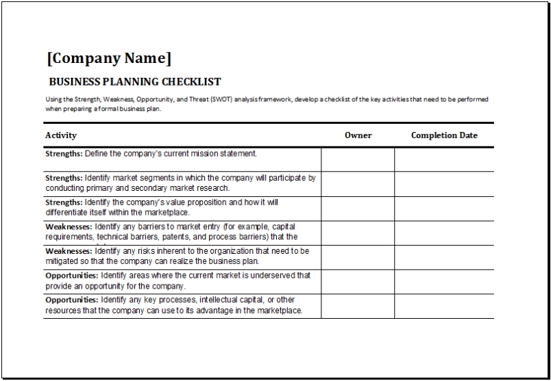 Ms Excel Business Planning Checklist Template | Excel Templates Within Business Plan Template Free Download Excel