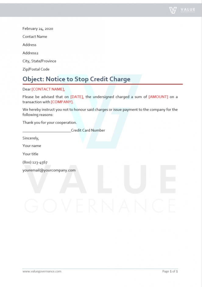 Notice To Stop Credit Charge - Gotilo Inside Company Credit Card Policy Template