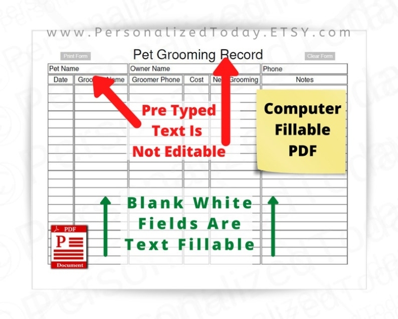 Pet Grooming Record Fillable And Print And Write Pdf Files Us | Etsy Regarding Dog Grooming Record Card Template